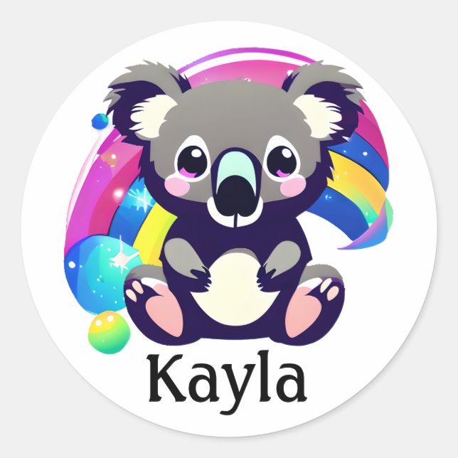 Personalized Cute Koala Bear and Rainbow  Classic Round Sticker (Front)