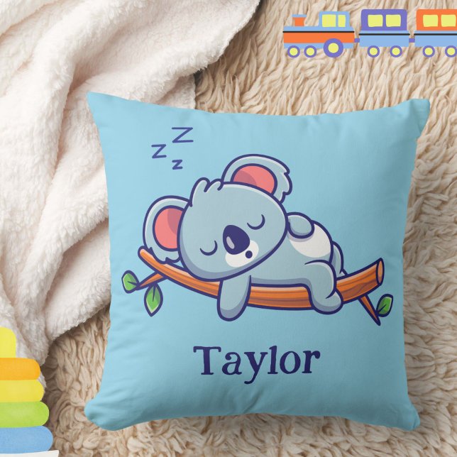 Personalized Cute Koala Bear Cartoon Baby Throw Pillow (A cute sleeping koala bear pillow, personalized with a baby or child's name, makes a great gift!)