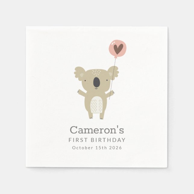 Personalized Cute Koala Bear Simple 1st Birthday Napkin (Front)