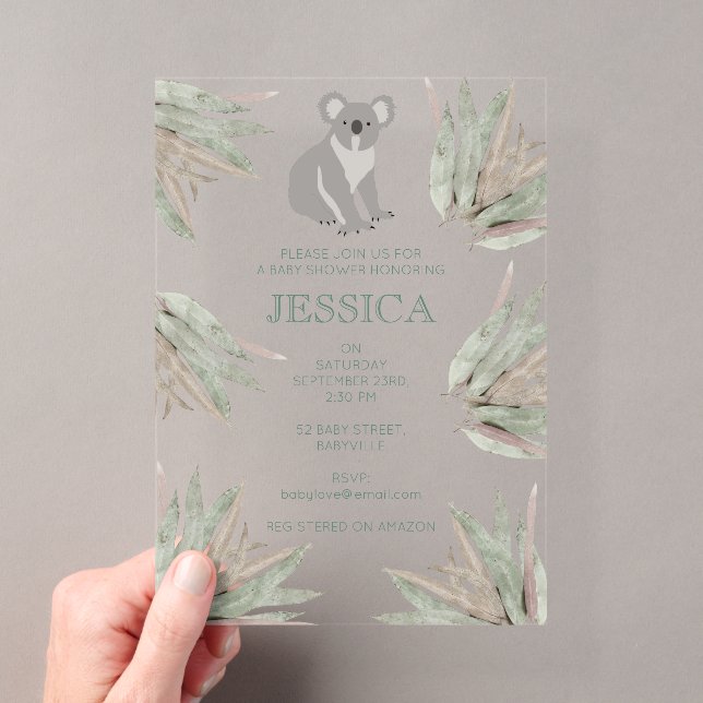 Personalized Cute Koala Eucalyptus Baby Shower Acrylic Invitations (Insitu (Handheld))