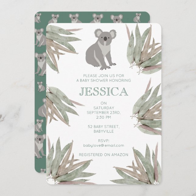 Personalized Cute Koala Eucalyptus Baby Shower Invitation (Front/Back)