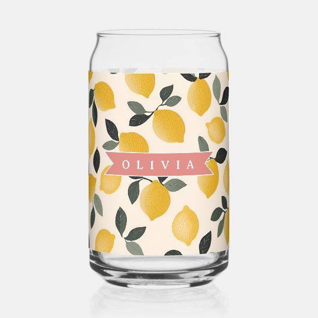 Personalized Cute Lemon Pattern Fresh Summer Can Glass (Front)