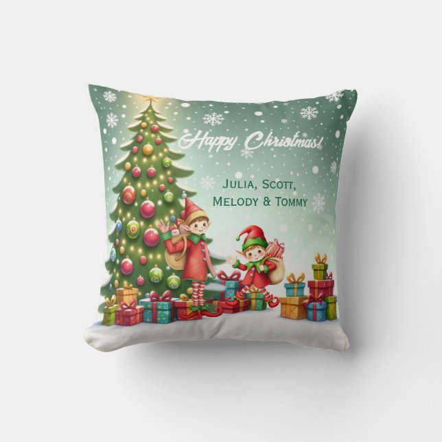 Personalized Cute Little Elf Christmas Photo Throw Pillow (Front)