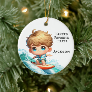Personalized Cute Little Kid Surfing Ceramic Ornament