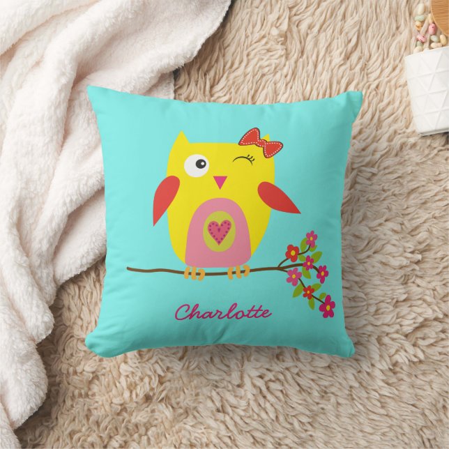 Personalized Cute little Owl Pink Flowers  Throw Pillow (Blanket)