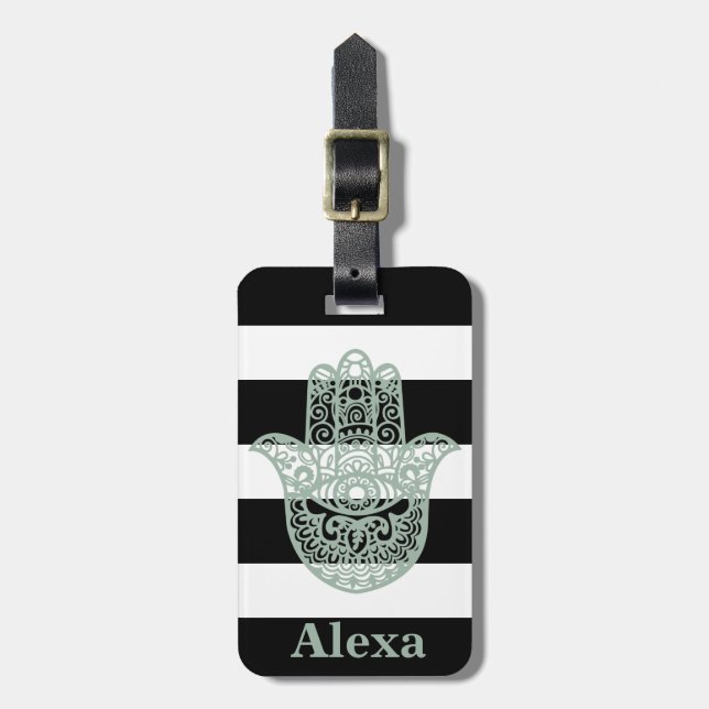 Personalized Cute lucky hamsa hand stripes Luggage Tag (Front Vertical)