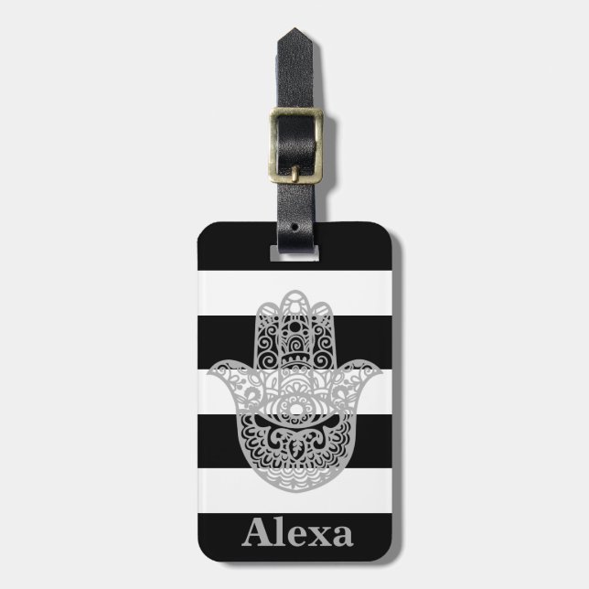 Personalized Cute lucky hamsa hand stripes Luggage Tag (Front Vertical)