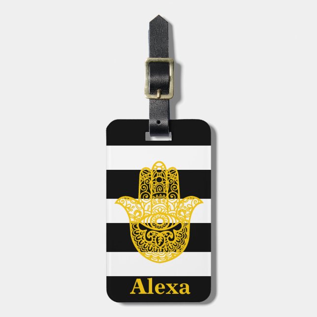 Personalized Cute lucky hamsa hand stripes Luggage Tag (Front Vertical)