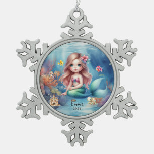 Personalized Cute Mermaid Ocean Photo Watercolor Snowflake Pewter Christmas Ornament