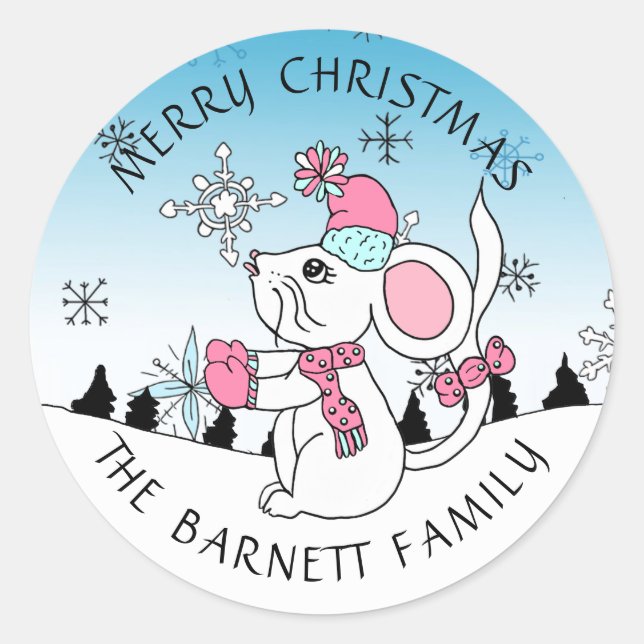 Personalized Cute Merry Christmas Mouse Snowflakes Classic Round Sticker (Front)