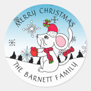 Personalized Cute Merry Christmas Mouse Snowflakes Classic Round Sticker