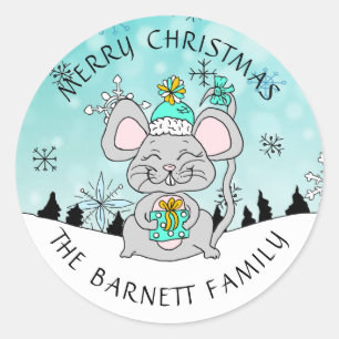Personalized Cute Merry Christmas Mouse Snowflakes Classic Round Sticker