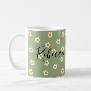 Personalized Cute Modern Daisy Pattern Green  Coffee Mug