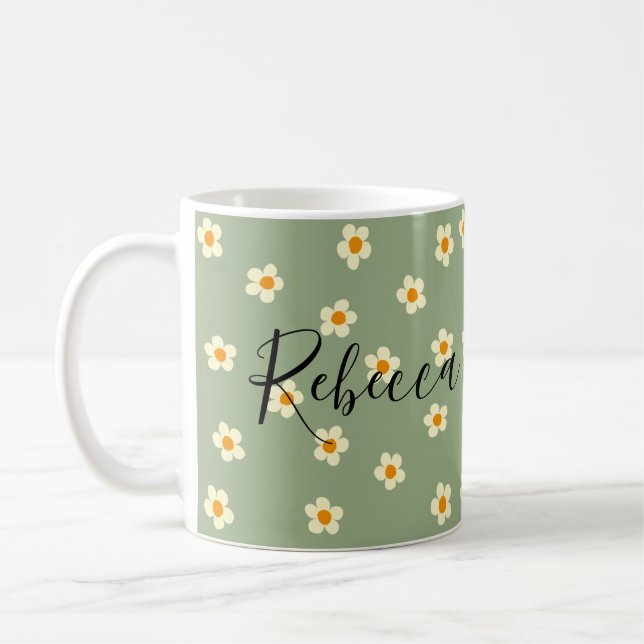 Personalized Cute Modern Daisy Pattern Green  Coffee Mug (Left)