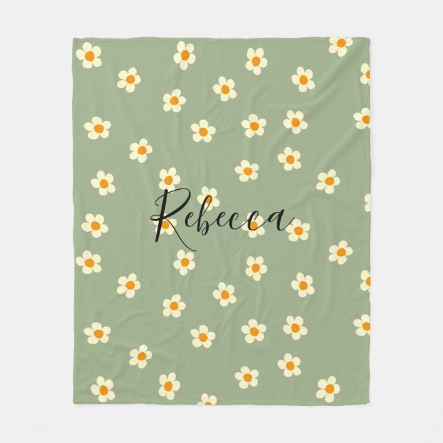 Personalized Cute Modern Daisy Pattern Green Fleece Blanket (Front)