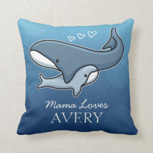 Personalized Cute Mom Baby Whale, Add Kids Name Throw Pillow