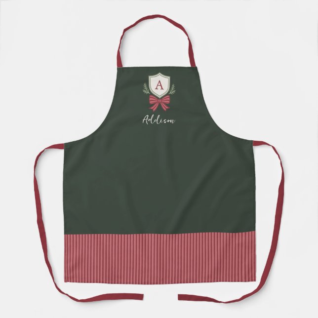 Personalized Cute Monogram Green Red Bow Christmas Apron (Front)
