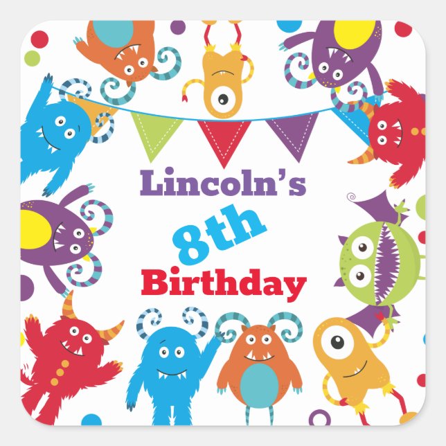 Personalized Cute Monster Birthday Bash Party Square Sticker (Front)