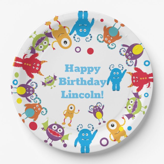 Personalized Cute Monster Birthday Party Plates (Front)