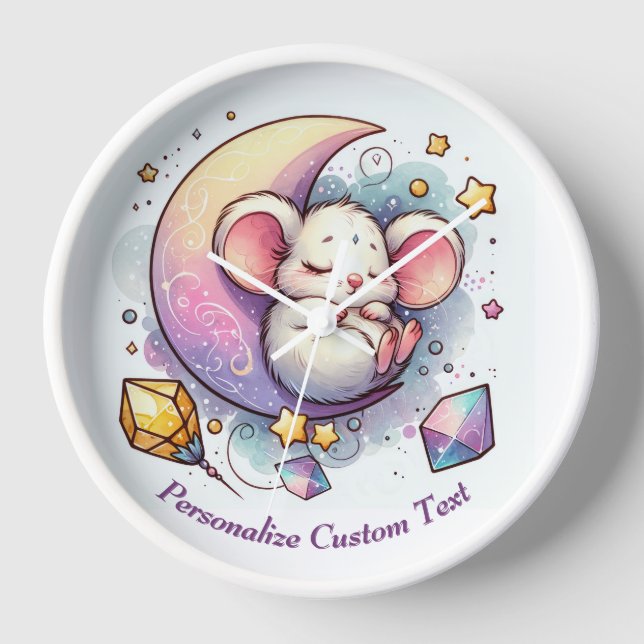 Personalized Cute Mouse Sleeping on a Half Moon Clock (Front)