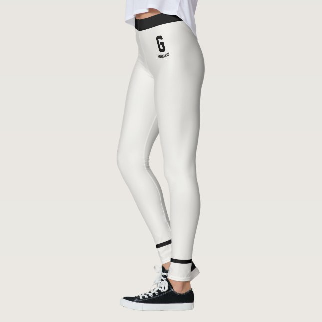 Personalized Cute Neutral Black Striped Monogram Leggings (Left)