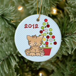 Personalized Cute Orange Cat, Holiday Tree on Blue Ceramic Ornament