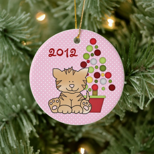 Personalized Cute Orange Cat, Holiday Tree on Pink Ceramic Ornament (Tree)