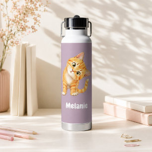 Personalized Cute Orange Cat Mauve Kids Water Bottle