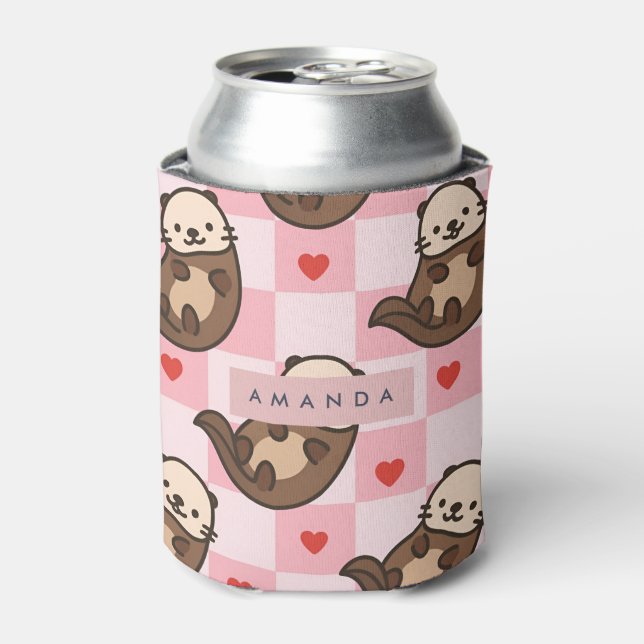 Personalized Cute Otter Love with Heart Pattern Can Cooler (Can Front)