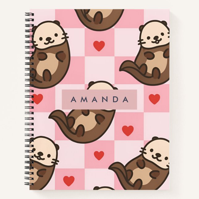 Personalized Cute Otter Love with Heart Pattern Notebook (Front)