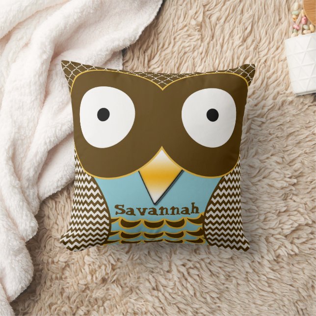Personalized Cute Owl Blue & Orange American Mojo Throw Pillow (Blanket)