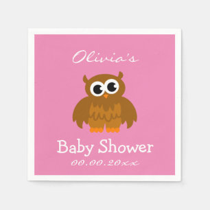 Personalized cute owl pink baby shower napkins