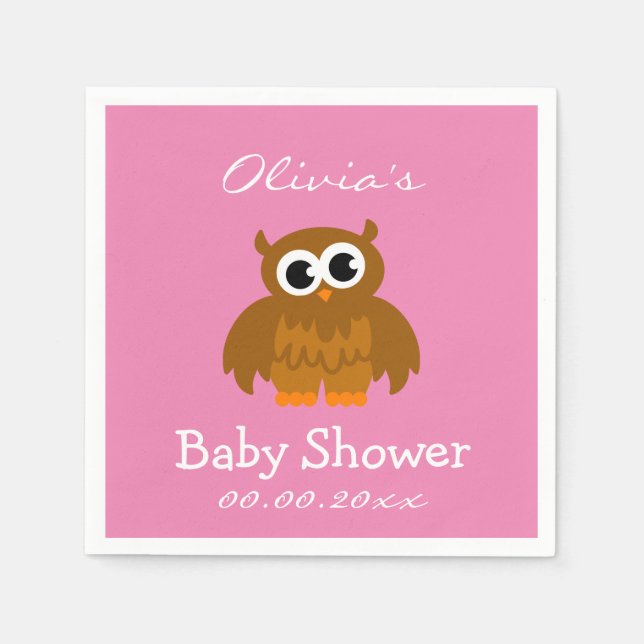 Personalized cute owl pink baby shower napkins (Front)