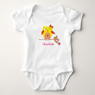 Personalized Cute Owl wit Pink Flowers Baby Bodysuit