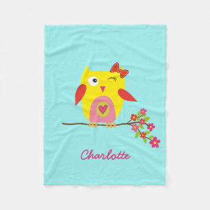 Personalized Cute Owl Yellow Pink Illustration Fleece Blanket
