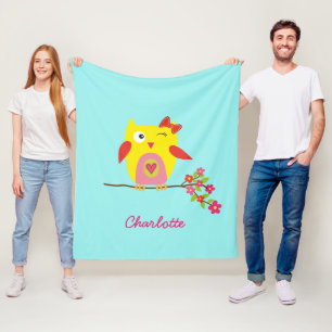 Personalized Cute Owl Yellow Pink Illustration Fleece Blanket