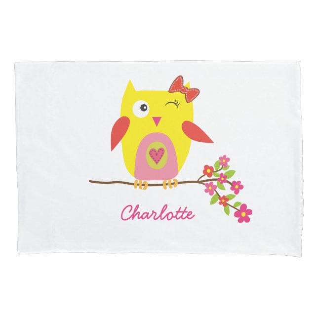 Personalized Cute Owl Yellow Pink Illustration Pillowcase (Front)