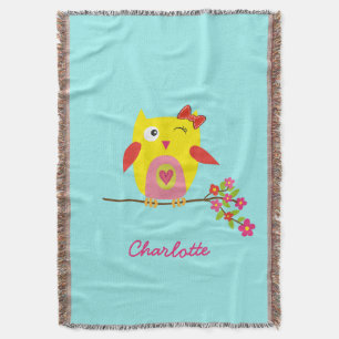 Personalized Cute Owl Yellow Pink Illustration Throw Blanket