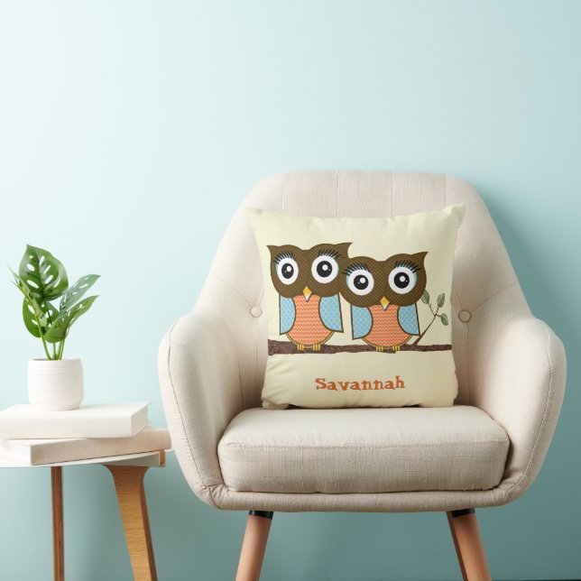 Personalized Cute Owls Blue Orange Trendy Patterns Throw Pillow (Chair)