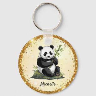 Personalized Cute Panda Bear Greenery Bamboo Gold Keychain