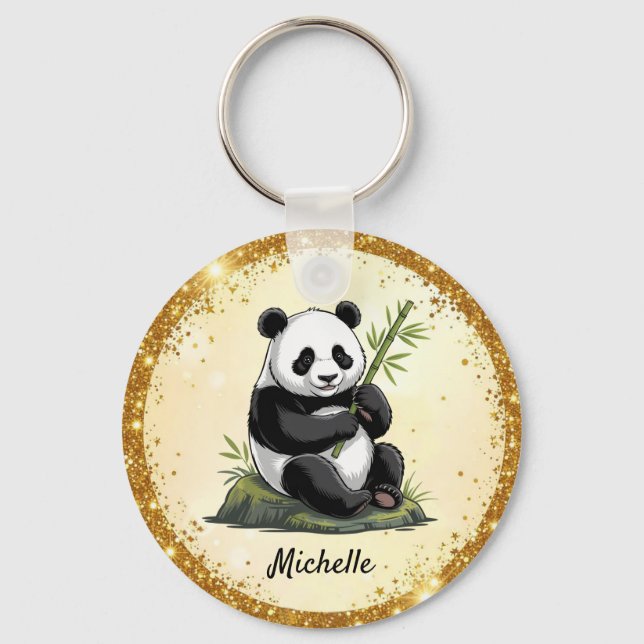 Personalized Cute Panda Bear Greenery Bamboo Gold  Keychain (Front)