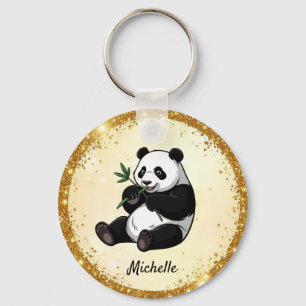 Personalized Cute Panda Bear Greenery Bamboo Gold Keychain