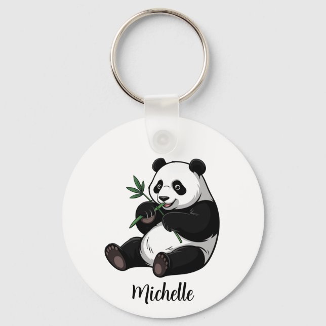 Personalized Cute Panda Bear With Greenery Bamboo  Keychain (Front)