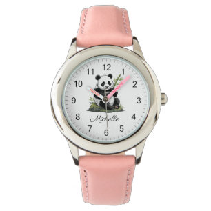 Personalized Cute Panda Bear With Greenery Bamboo Watch