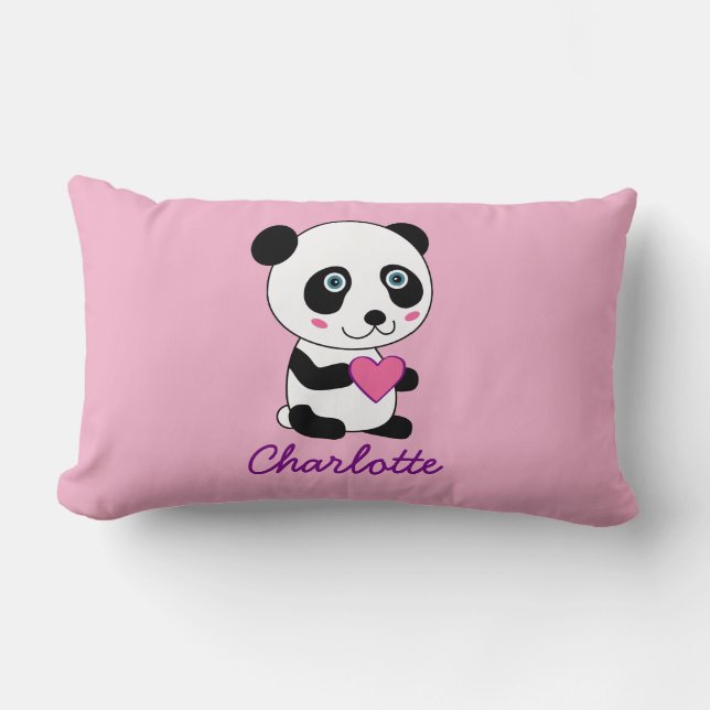 Personalized Cute Panda with a Pink Heart Lumbar Pillow (Front)