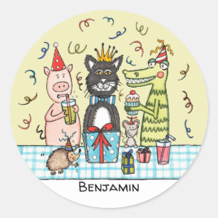 Personalized Cute Party Animals Classic Round Sticker