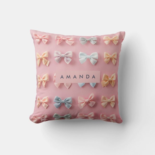 Personalized Cute Pastel Bow Charm Throw Pillow (Front)
