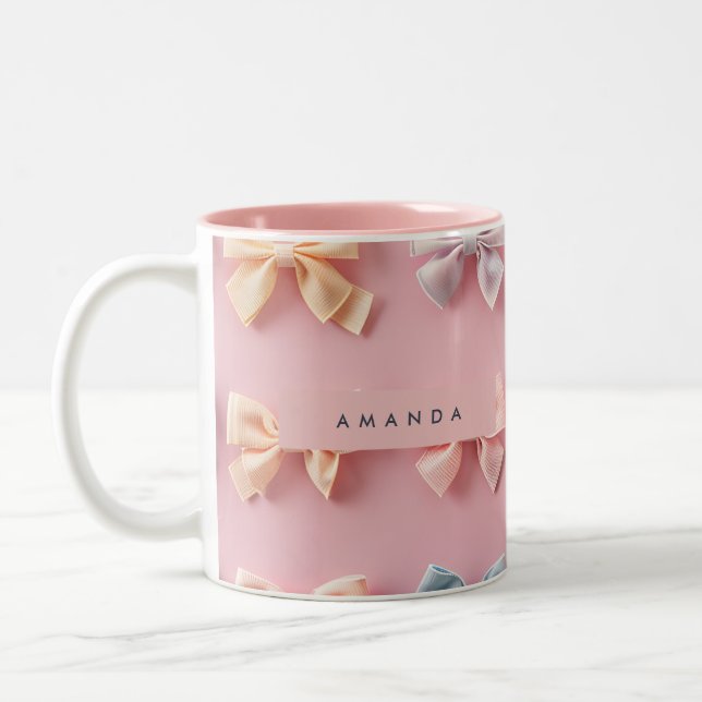 Personalized Cute Pastel Bow Charm Two-Tone Coffee Mug (Left)