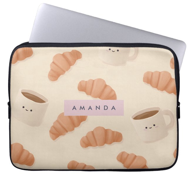 Personalized Cute Pastel Croissant Coffee Laptop Sleeve (Front)