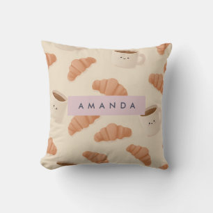 Personalized Cute Pastel Croissant Coffee Throw Pillow